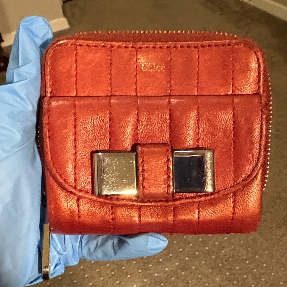 AUTH Chloé Quilted Brick Red Tri-Fold Wallet **EUC**